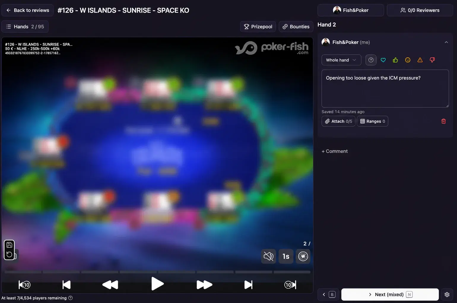 Review dei tornei Poker Fish: replayer Winamax, commento preflop, range e HUD storico su una mano