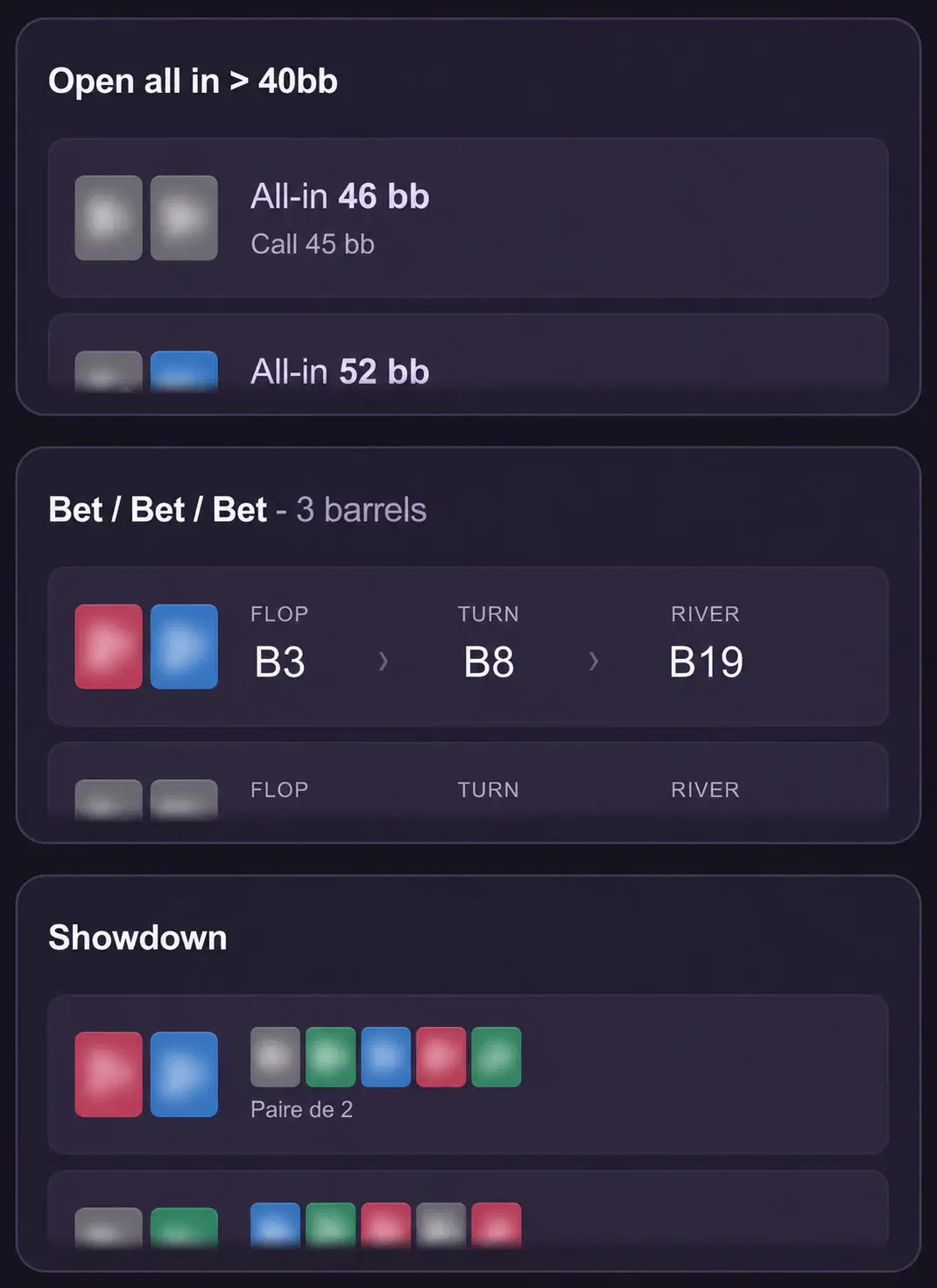 Note automatiche Poker Fish per situazione: open all-in, triple barrel e showdown, con carte e azioni associate