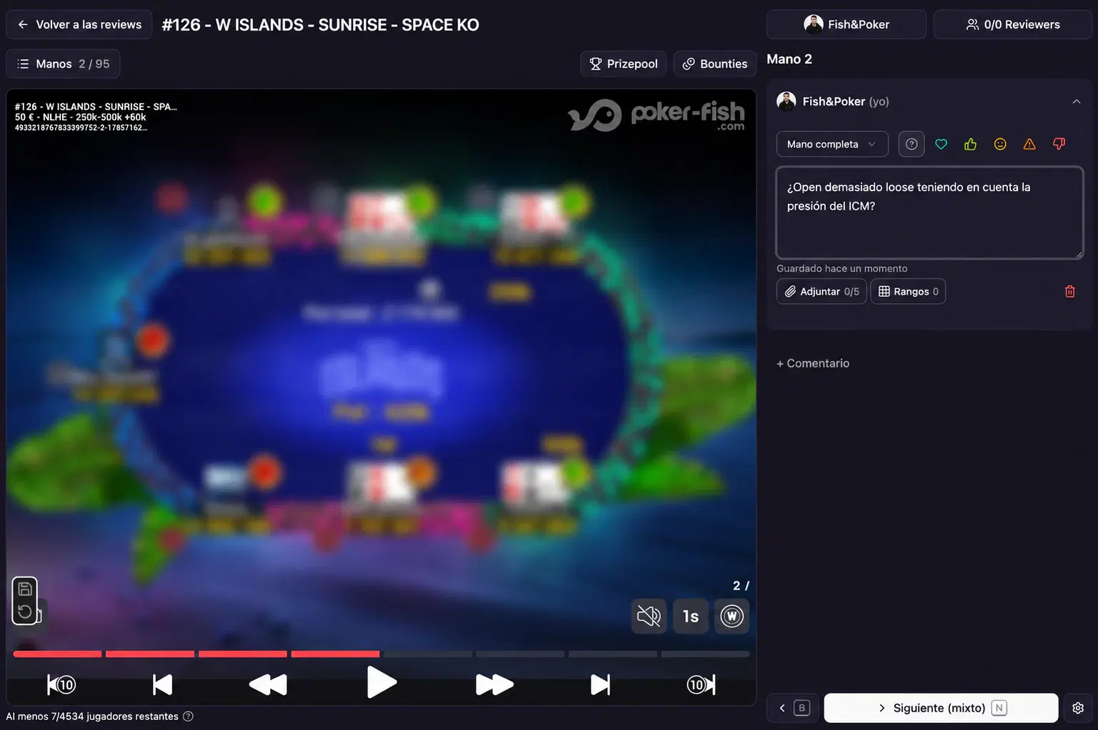 Review de torneo de Poker Fish: replayer de Winamax, comentario preflop, rangos y HUD histórico en una mano